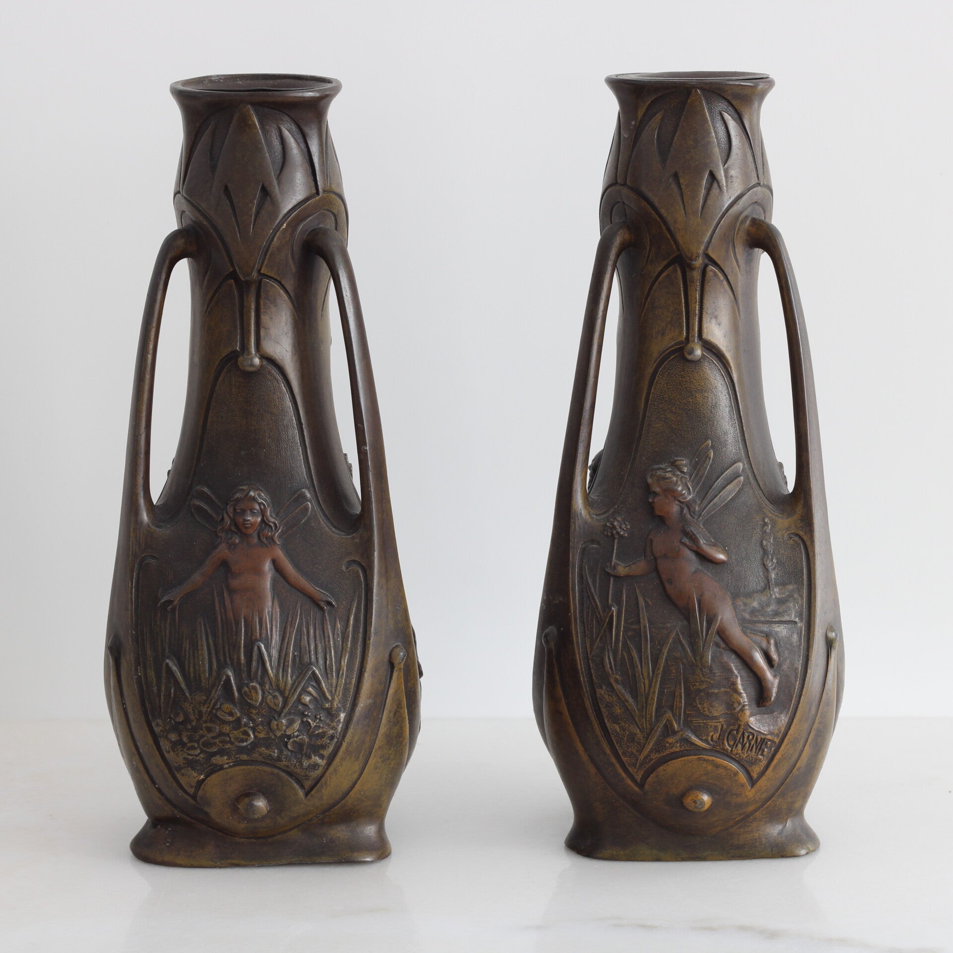 Set van 2 Art Nouveau feeën vazen van Jean Garnier, ca. 1900