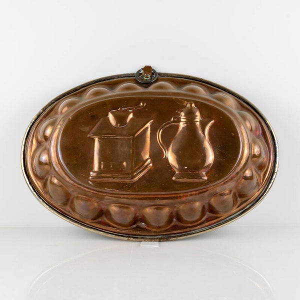 Antieke Franse Koperen Bakvorm – Koffiemolen & Koffiekan (ca. 1900)