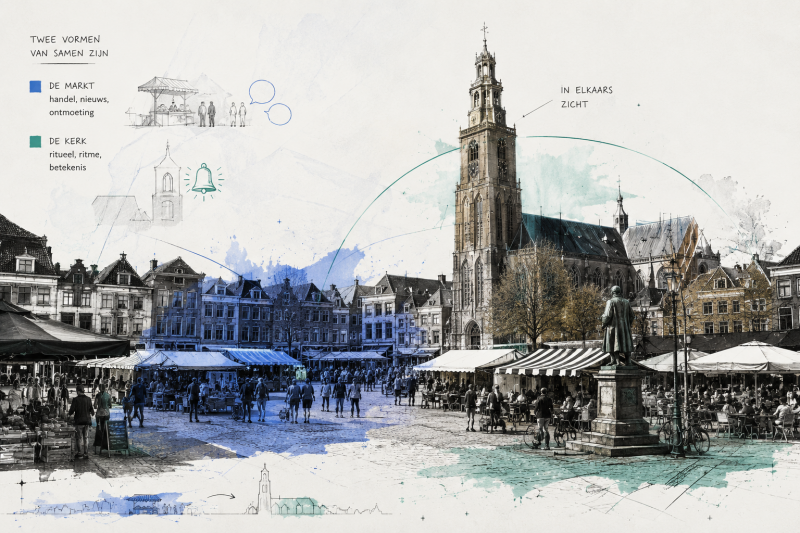 Marktplein en kerktoren vormen samen het historische hart van de Nederlandse stad, waar handel en zingeving elkaar ontmoeten
