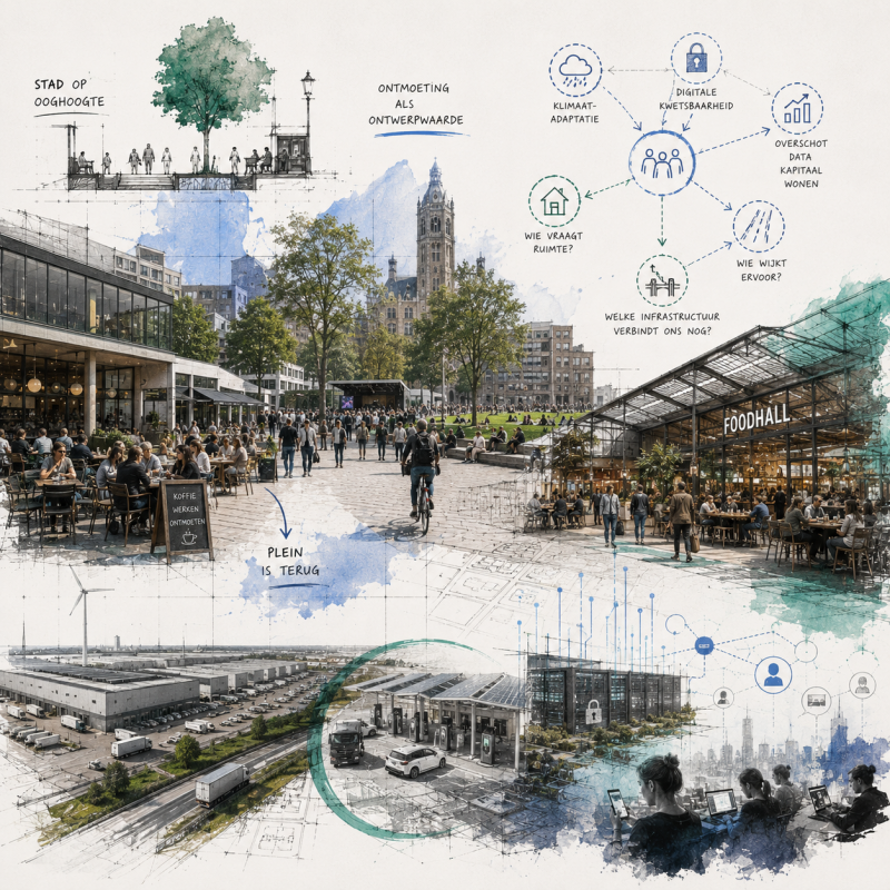 Het moderne plein keert terug als ontmoetingsplek, terwijl data, logistiek en digitale netwerken nieuwe ruimtelijke vraagstukken creëren