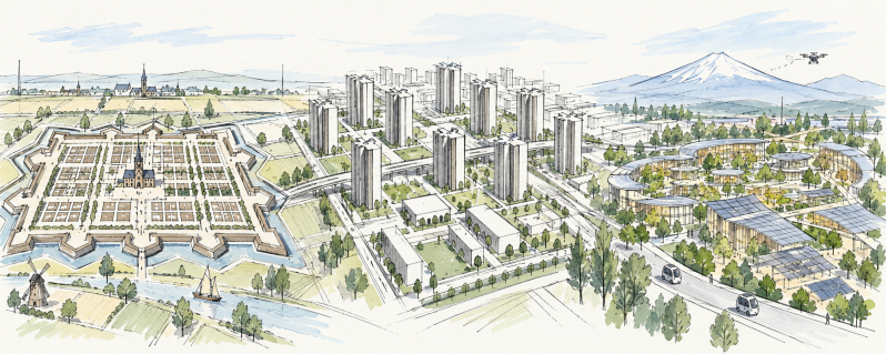 Ruimtelijke ontwerpschets van drie eeuwen denken over de ideale stad: van Simon Stevins rationele vestingstad via de modernistische CIAM-stad tot Toyota’s Woven City als technologisch en groen toekomstbeeld