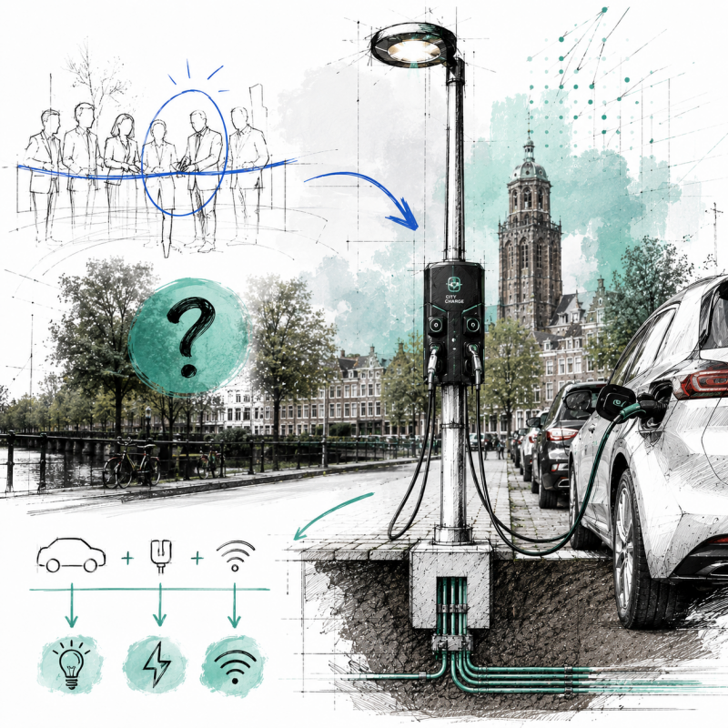 Ontwerpcollage over slimme openbare ruimte, waarin de laadlantaarn balanceert tussen technologische showcase en een praktische oplossing voor de stad