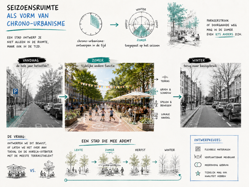 Ontwerpschets die laat zien hoe straten en pleinen per seizoen een andere functie kunnen krijgen. De illustratie verbeeldt het principe van chrono-urbanisme: een stad ontwerpen die niet alleen ruimtelijk, maar ook in de tijd verandert