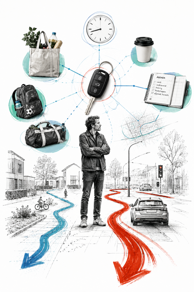 Illustratie van een persoon die kiest tussen fiets en auto, omringd door boodschappen, agenda, sporttas en tijdsdruk. Het beeld laat zien hoe dagelijkse routines en gewoontes korte autoritten in stand houden.