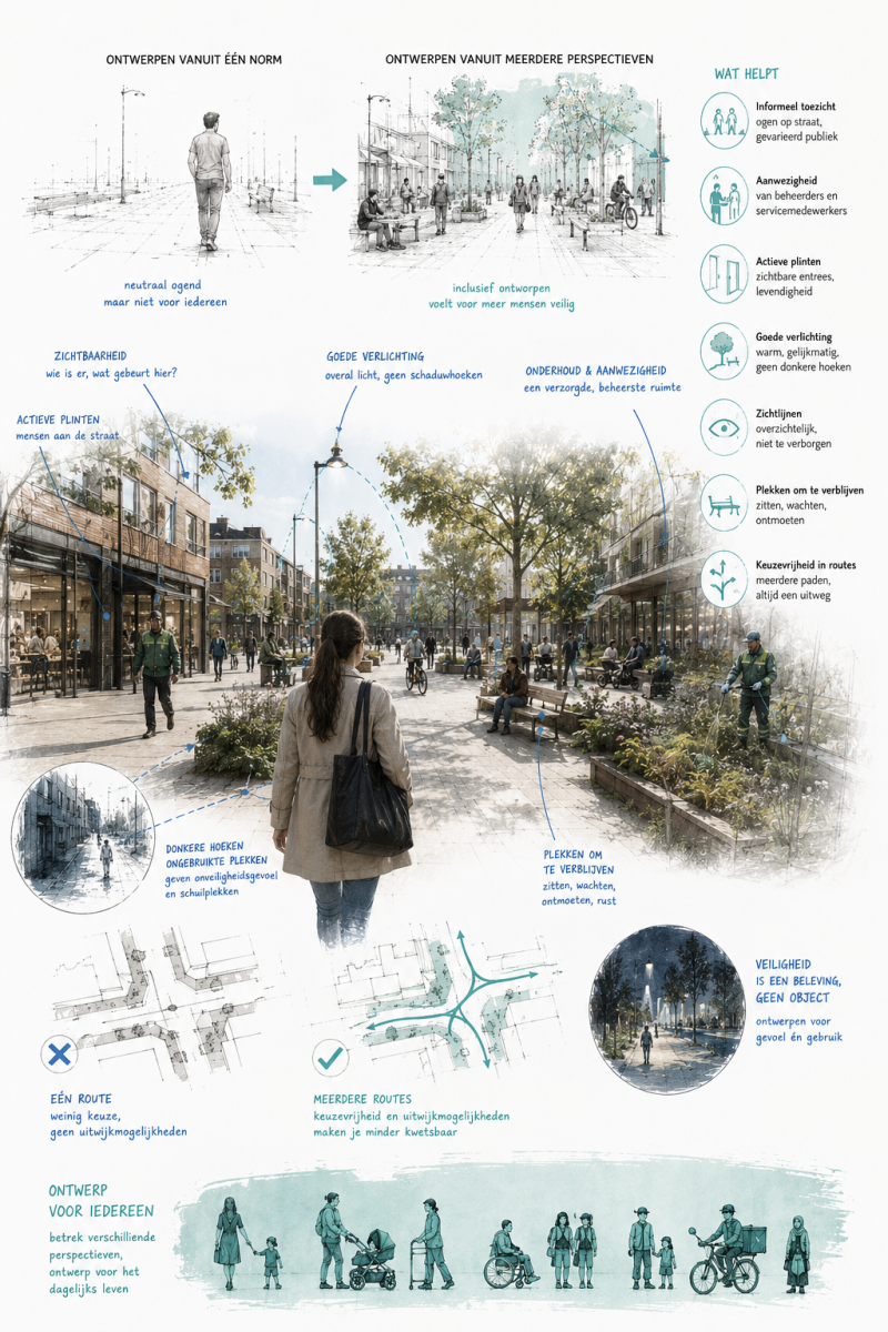 Hoe ontwerp je een straat waarin vrouwen zich veiliger voelen? Ontwerpschets over sociale veiligheid en inclusieve openbare ruimte.