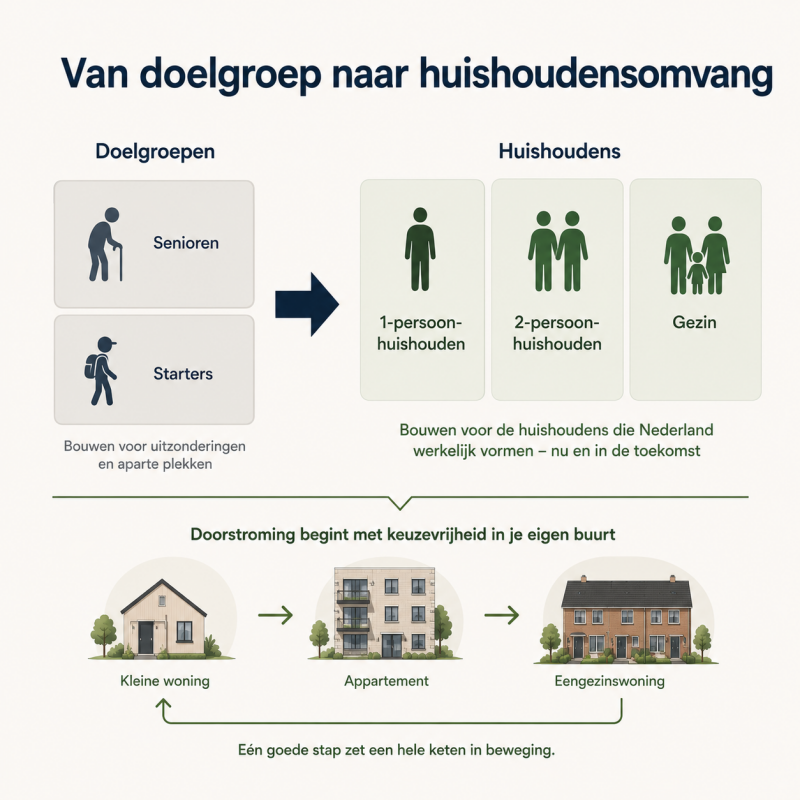 Woonbeleid kan beter aansluiten op huishoudensomvang dan op doelgroepen. Dat vergroot doorstroming en maakt wijken toekomstbestendiger
