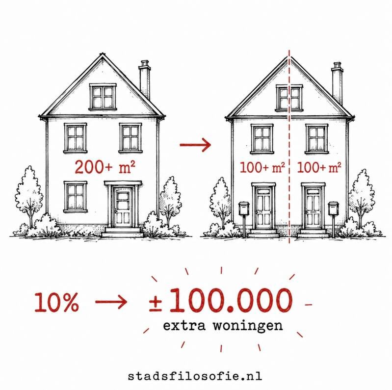 Illustratie van het splitsen van een grote woning van meer dan 200 m² in twee ruime woningen. Een gedachte-experiment dat laat zien dat 10% woningsplitsing circa 100.000 extra woningen kan opleveren