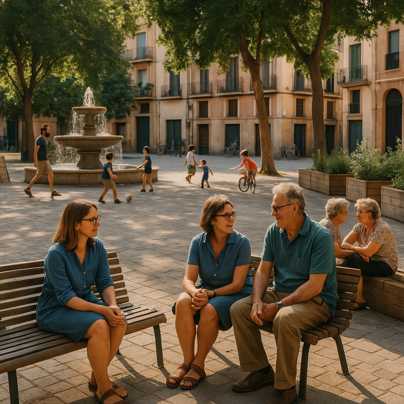 Mensen praten en ontspannen op een plein met fontein, in een autoluwe, groene stad