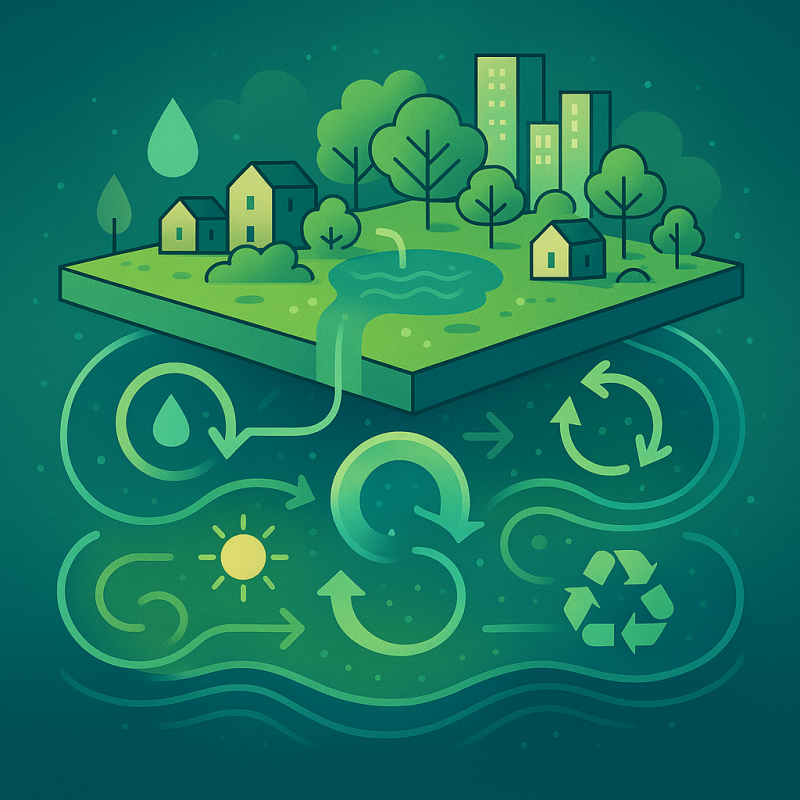 De stad als levende kringloop: water, energie en materialen bewegen in één verbonden, regeneratief systeem