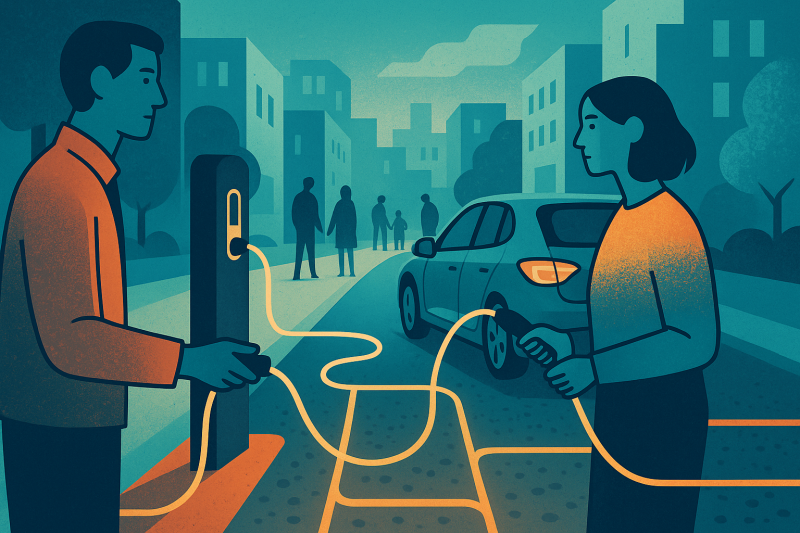 Twee mensen verbinden een auto met een laadpaal op een gedeelde stoep in een toekomstgerichte wijk