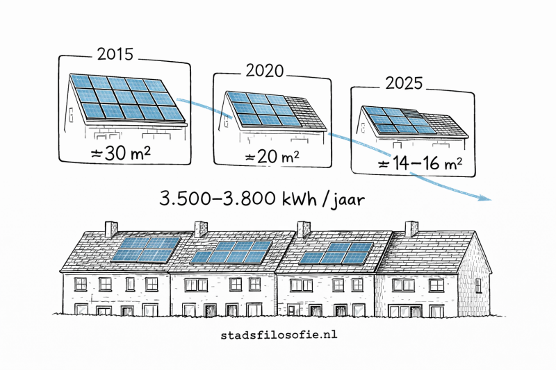 Zonnepanelen worden steeds efficiënter: waar in 2015 nog 30 m² nodig was, volstaat in 2025 circa 14–16 m² voor een gemiddeld huishouden. Een visueel stadsbeeld van dalend ruimtegebruik en stijgende opbrengst.