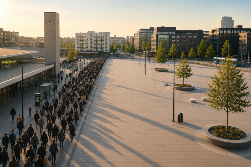 Drukke stroom forenzen op een stationsplein laat zien hoe grote drukte kan ontstaan terwijl het grootste deel van de openbare ruimte leeg blijft.