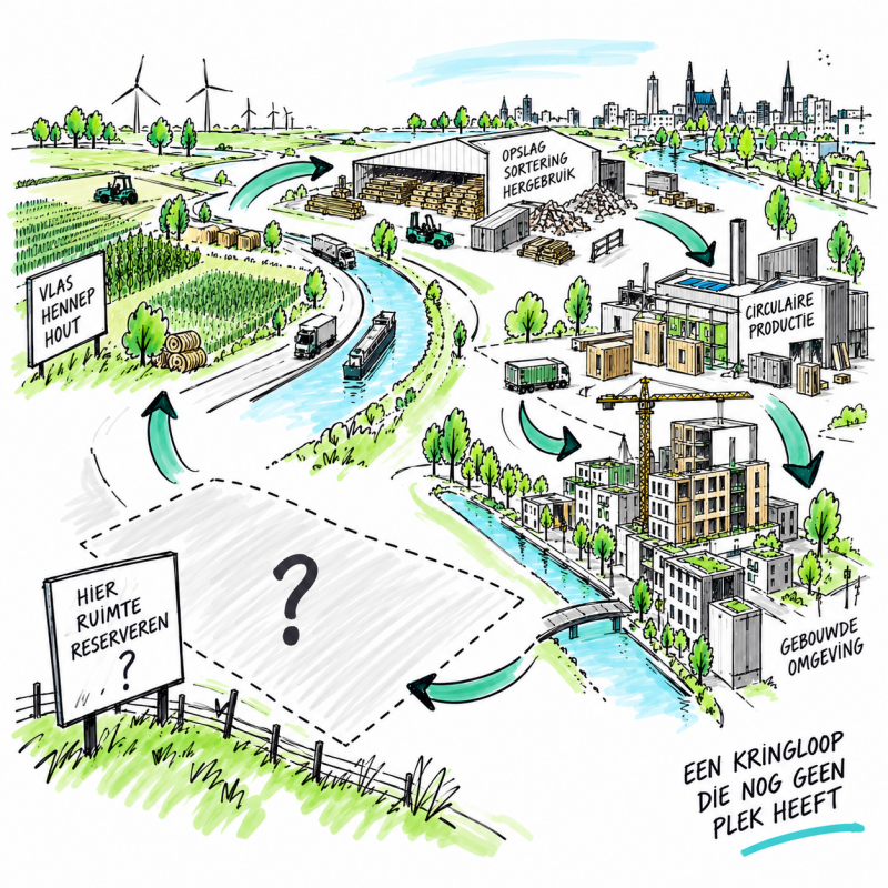 Stiftschets van de circulaire bouwketen tussen landbouw, opslag, productie en stad, met de centrale vraag waar we ruimte reserveren voordat die anders wordt ingevuld