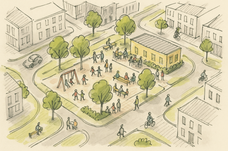 Schets van een buurtplein met speelplaats, bomen en mensen die samenkomen in een groene wijk
