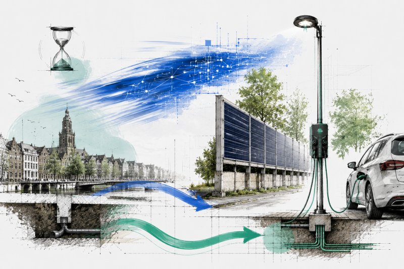 Ontwerpcollage waarin bestaande infrastructuur, zoals laadlantaarns en energieleverende geluidsschermen, de trage fysieke laag van de stad slimmer laat meebewegen
