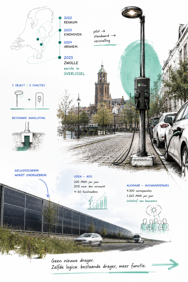 Ontwerpschets waarin laadlantaarns en energieleverende geluidsschermen laten zien hoe bestaande infrastructuur meerdere functies kan vervullen