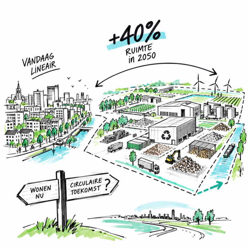 Stiftschets van de ruimtevraag van de circulaire economie, die in 2050 tot 40% meer ruimte kan vragen voor opslag, verwerking en hergebruik van materialen