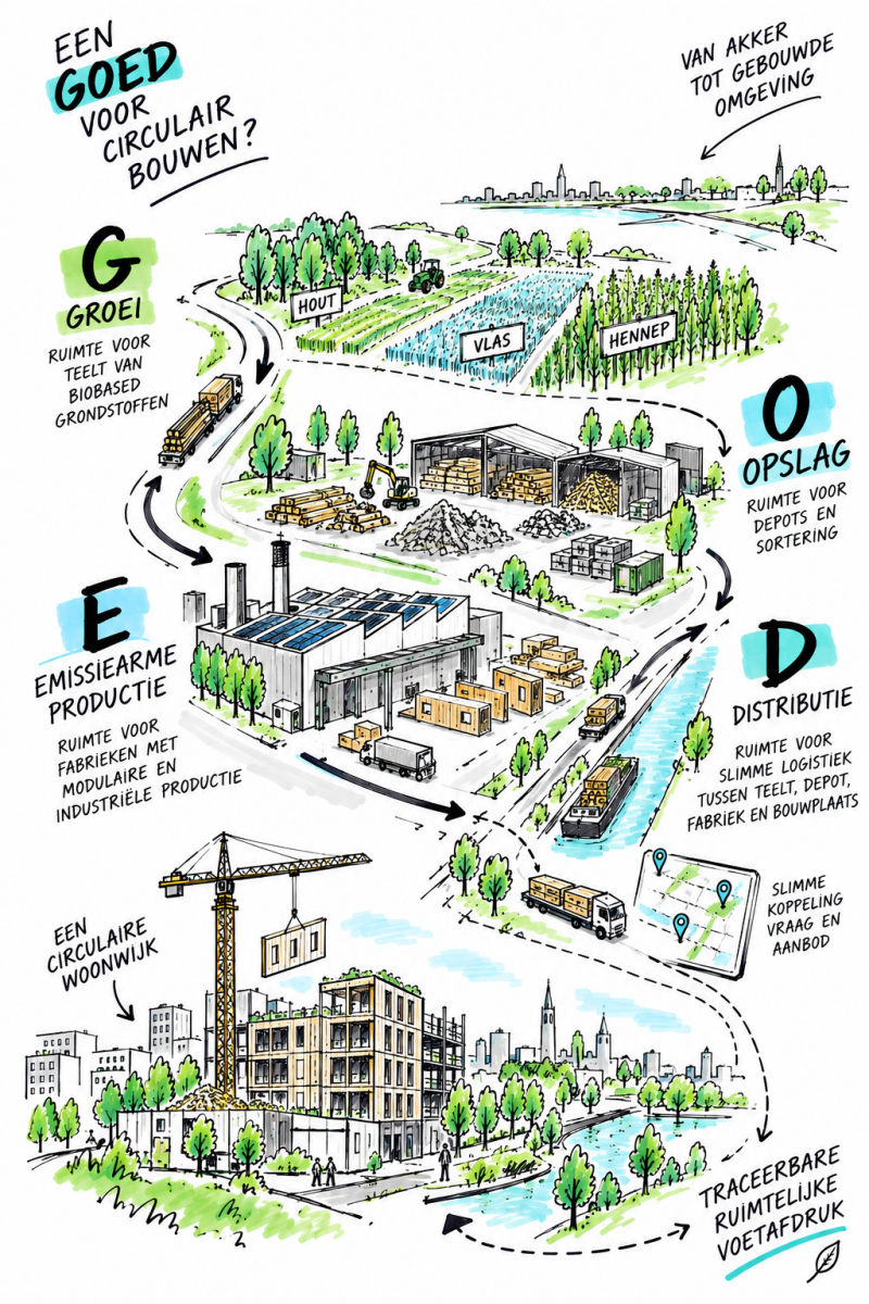 Ruimtelijke ontwerpschets van GOED: Groei, Opslag, Emissiearme productie en Distributie als complete keten voor circulair en biobased bouwen, van akker tot gebouwde omgeving