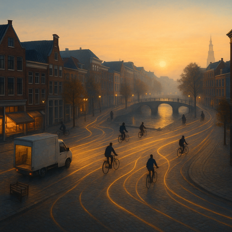 De stad ontwaakt in beweging. Elke ochtend laat zien hoe ritme, ruimte en leven samen de stad vormgeven