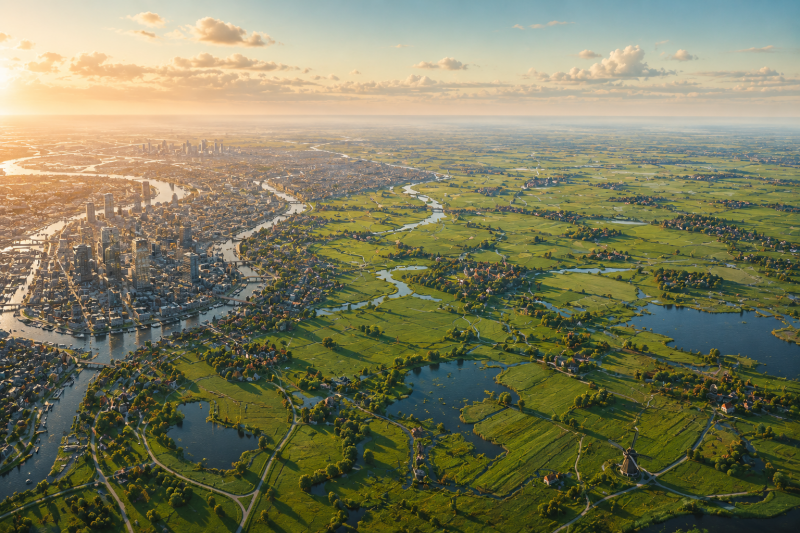 Vogelvlucht over Nederland waarin de overgang van de drukke Randstad naar het open landschap de relatie tussen dichtheid en brede welvaart verbeeldt