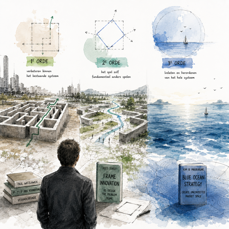 Conceptuele Stadsfilosofie-collage over drie niveaus van verandering: verbeteren binnen een systeem, het probleem herdefiniëren en een volledig nieuw speelveld creëren