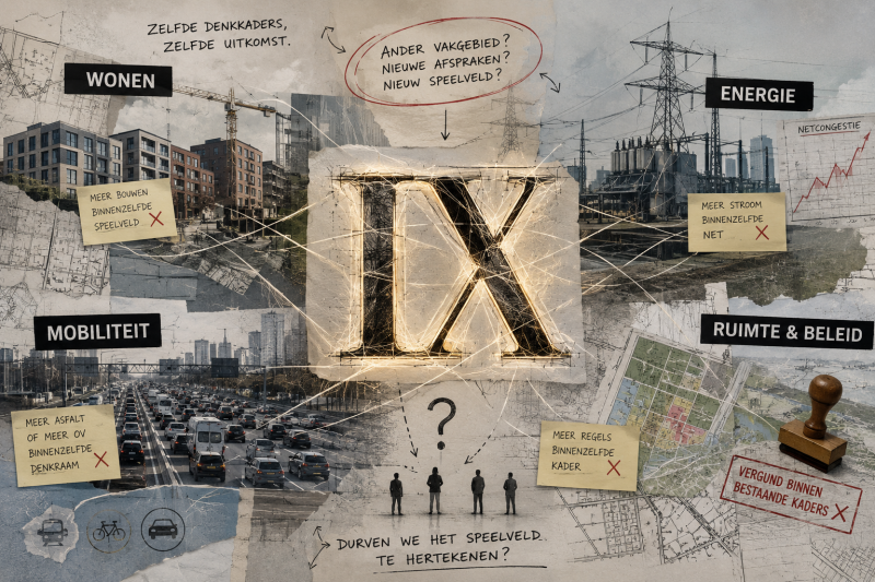 Conceptuele illustratie van wonen, mobiliteit, energie en ruimtelijke ordening rond een IX als symbool voor vastgelopen denkkaders