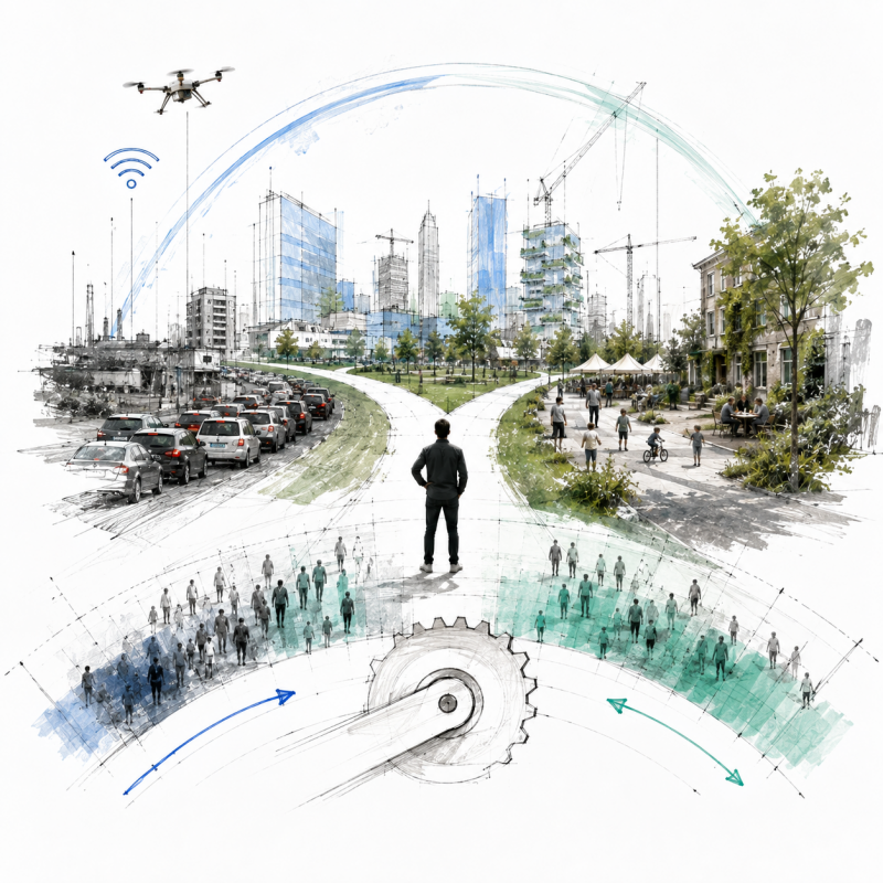 Ruimtelijk beeld over de keuze tussen gemak en wrijving in de stad. Een stedelijke zwerm beweegt tussen snelheid, technologie, ontmoeting en vertraging. Het beeld stelt de vraag of deze ontwikkeling vanzelf ontstaat, of dat ontwerpers bewust kunnen sturen
