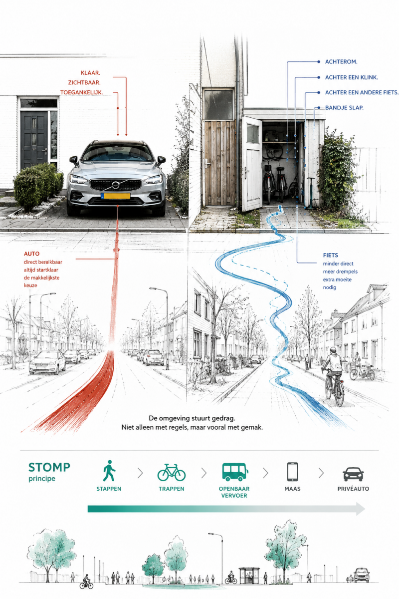 Visualisatie van hoe ruimtelijk ontwerp dagelijkse mobiliteitskeuzes beïnvloedt. De auto staat direct beschikbaar voor de deur, terwijl de fiets meer drempels kent. Het STOMP-principe toont een alternatief voor duurzame mobiliteit.