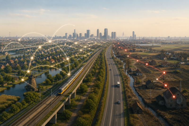 Landschap met spoor, snelweg en digitale verbindingen verbeeldt hoe infrastructuur de ontwikkeling van regio's beïnvloedt