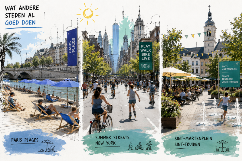 Collage in ontwerpschets-stijl met voorbeelden uit Parijs, New York en Sint-Truiden waar de openbare ruimte in de zomer tijdelijk anders wordt ingericht. De afbeelding laat zien hoe deze steden experimenteren