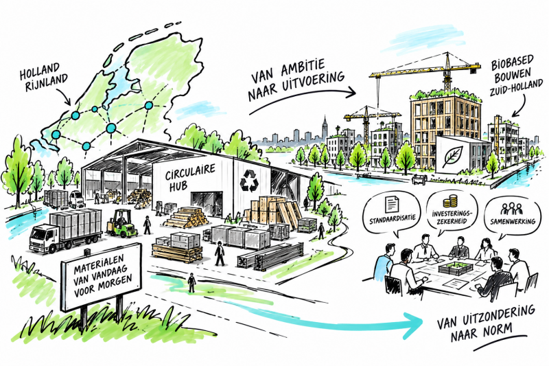Stiftschets van circulaire hubs en biobased bouwen, waarin regionale opslag, samenwerking en bouwprojecten samenkomen om circulariteit ruimtelijk te verankeren