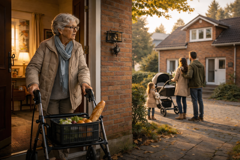 Alleenstaande oudere verlaat haar woning terwijl een jong gezin met kinderwagen in dezelfde straat zoekt naar een passende woning.