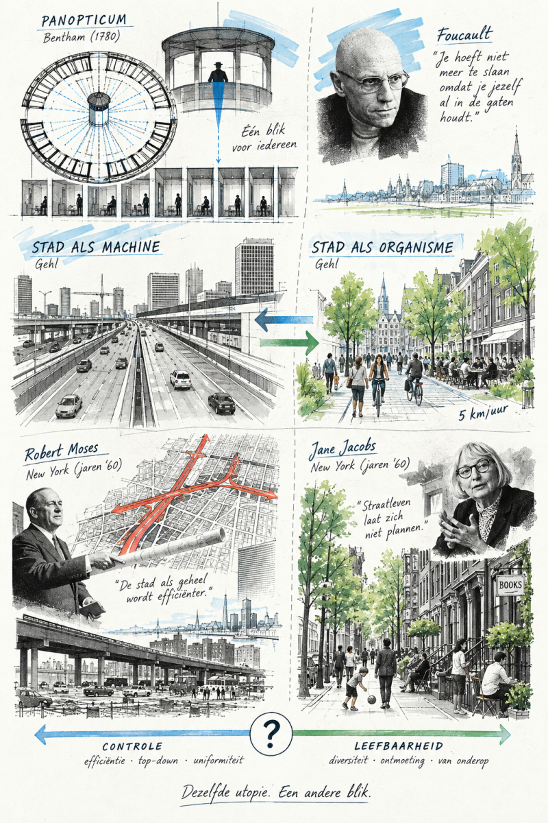 Onderzoeksbord over de stad als machine of organisme, met het panopticum, Foucault, Jan Gehl, Robert Moses en Jane Jacobs als verschillende perspectieven op controle en leefbaarheid