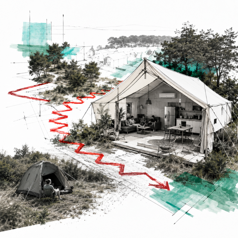 uimtelijke collage van een eenvoudige tent tegenover een luxe glampingtent. Het beeld verbeeldt de paradox van ons verlangen naar eenvoud: we zoeken het gevoel van kamperen en ongemak, terwijl steeds meer comfort uit het dagelijks leven met ons meereist