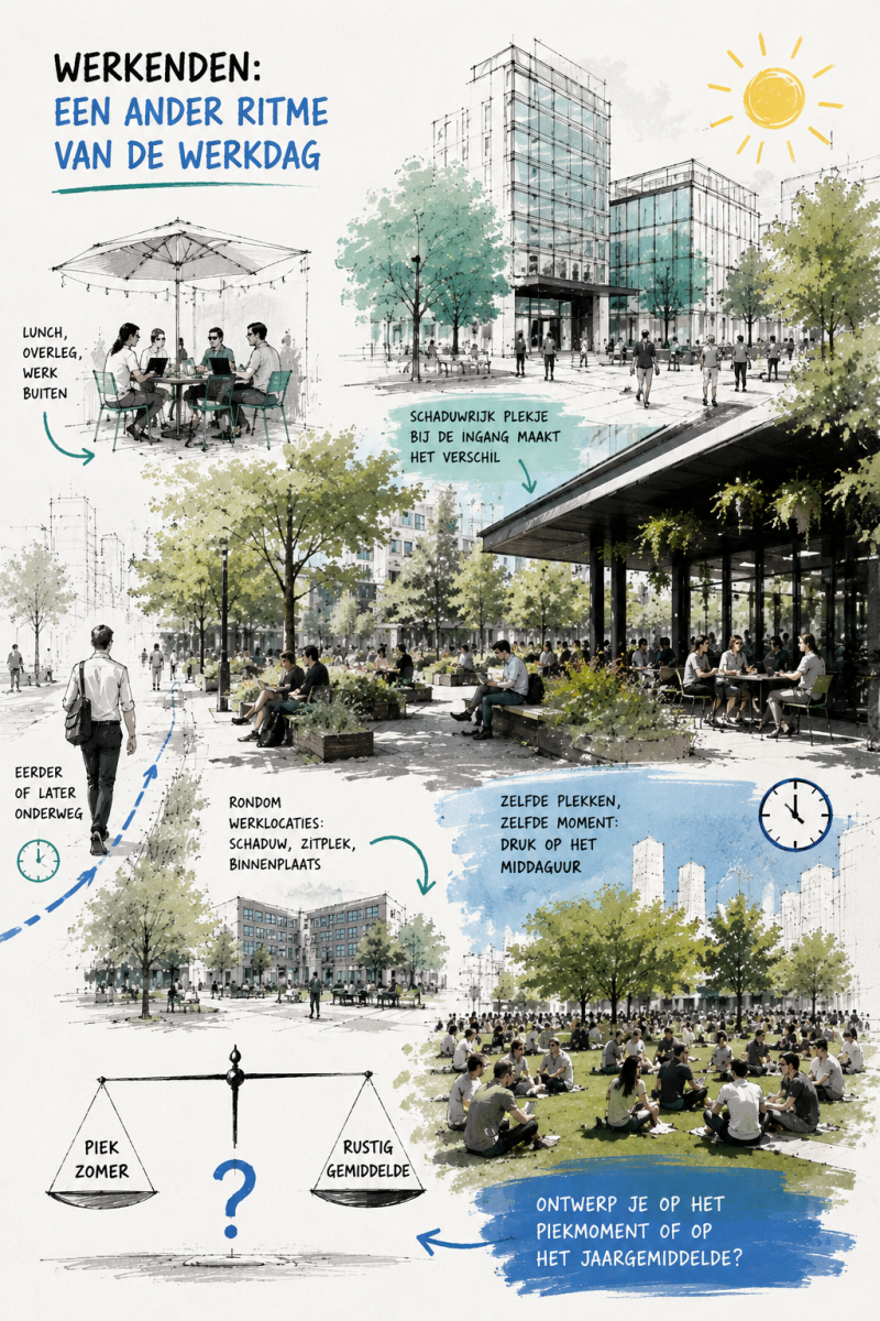 Ontwerpschets van werkenden die tijdens een warme zomerdag buiten lunchen en verblijven. De illustratie laat zien hoe de openbare ruimte rond kantoren in de zomer intensiever wordt gebruikt.