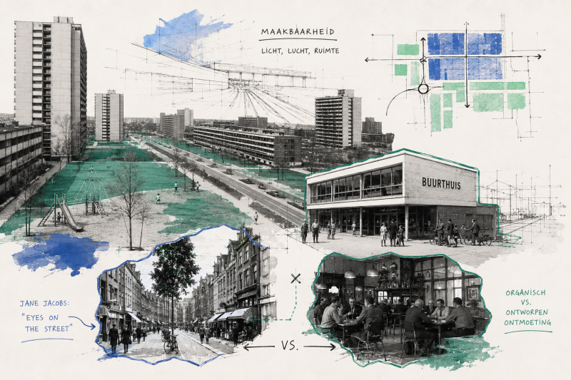 De naoorlogse maakbare stad zet ontmoeting in het buurthuis, terwijl Jane Jacobs pleit voor de levendige straat als basis van gemeenschap