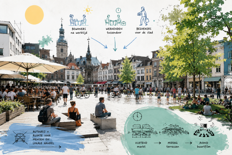 Ruimtelijke ontwerpschets van een levendig stadsplein in de zomer met terrassen, groen en verschillende gebruikers. De illustratie laat zien hoe bewoners, werkenden en bezoekers dezelfde openbare ruimte delen en hoe een flexibel plein kan meebewegen
