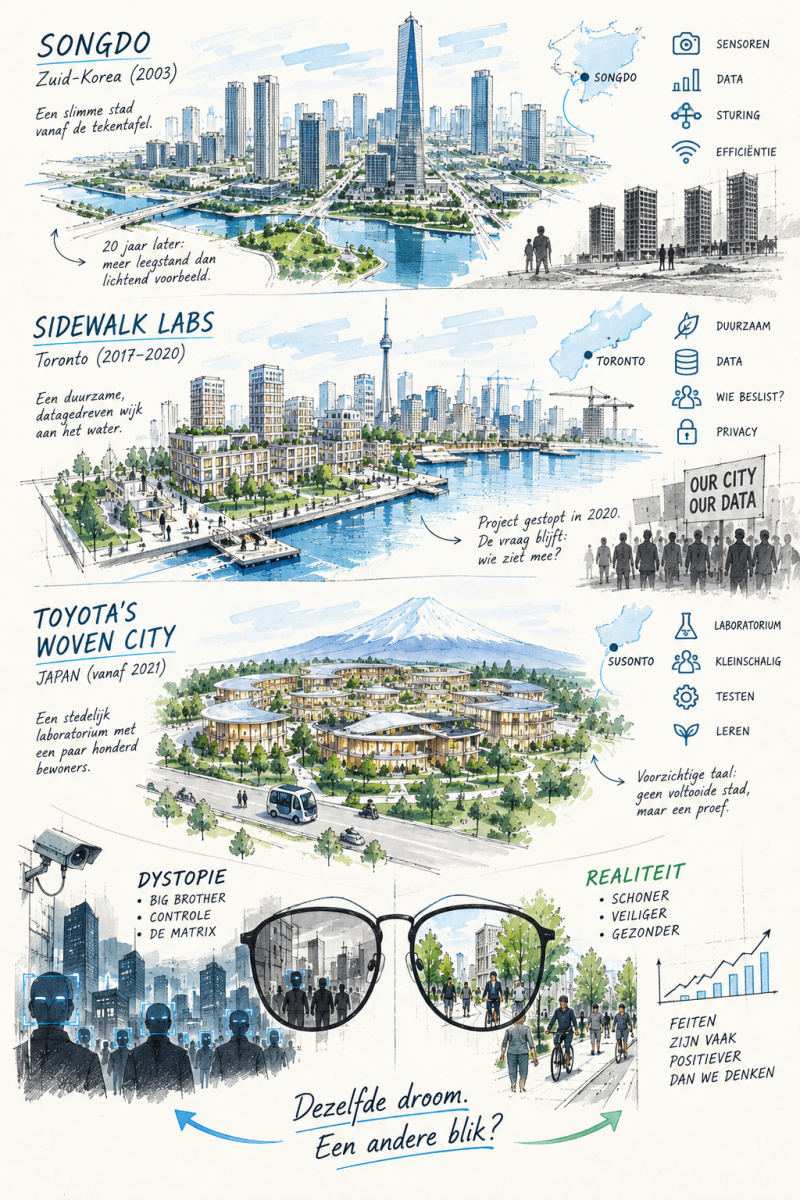 Ruimtelijke ontwerpschets over de belofte van de slimme stad, van Songdo en Sidewalk Labs tot Toyota’s Woven City, met data, privacy en leefbaarheid als spanningsveld