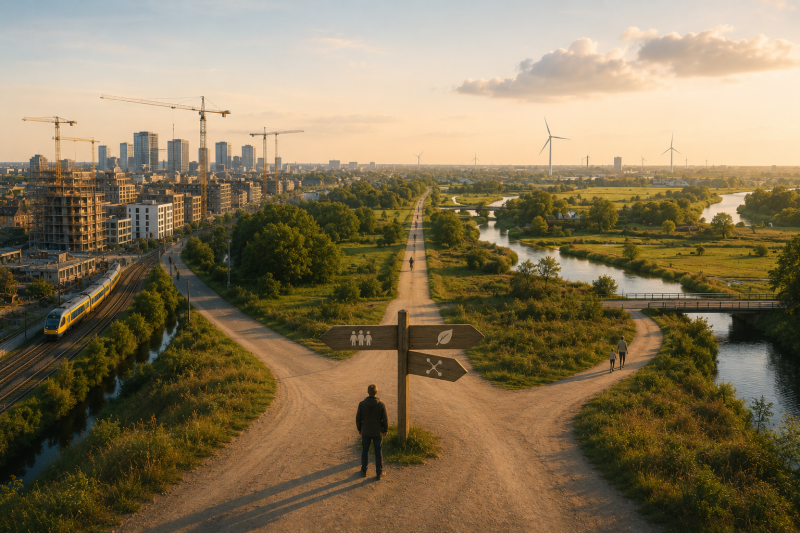 Kruispunt tussen stad, landschap en infrastructuur verbeeldt de ruimtelijke keuzes achter brede welvaart in Nederland