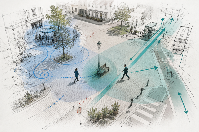 Ontwerpschets van een stadsplein waarop twee mensen dezelfde openbare ruimte verschillend beleven, als verbeelding van perspectief in stedelijk ontwerp.