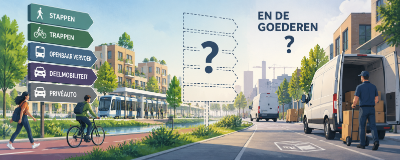 Illustratie van een Nederlandse woonwijk waarin lopen, fietsen, openbaar vervoer en deelmobiliteit zijn georganiseerd, terwijl bestelbusjes en pakketbezorging nog een duidelijke plek zoeken