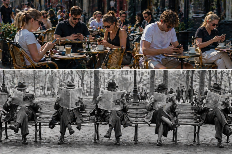 Van krant tot smartphone: mensen samen in de stad, maar tegelijk in hun eigen wereld... iets van alle tijden?