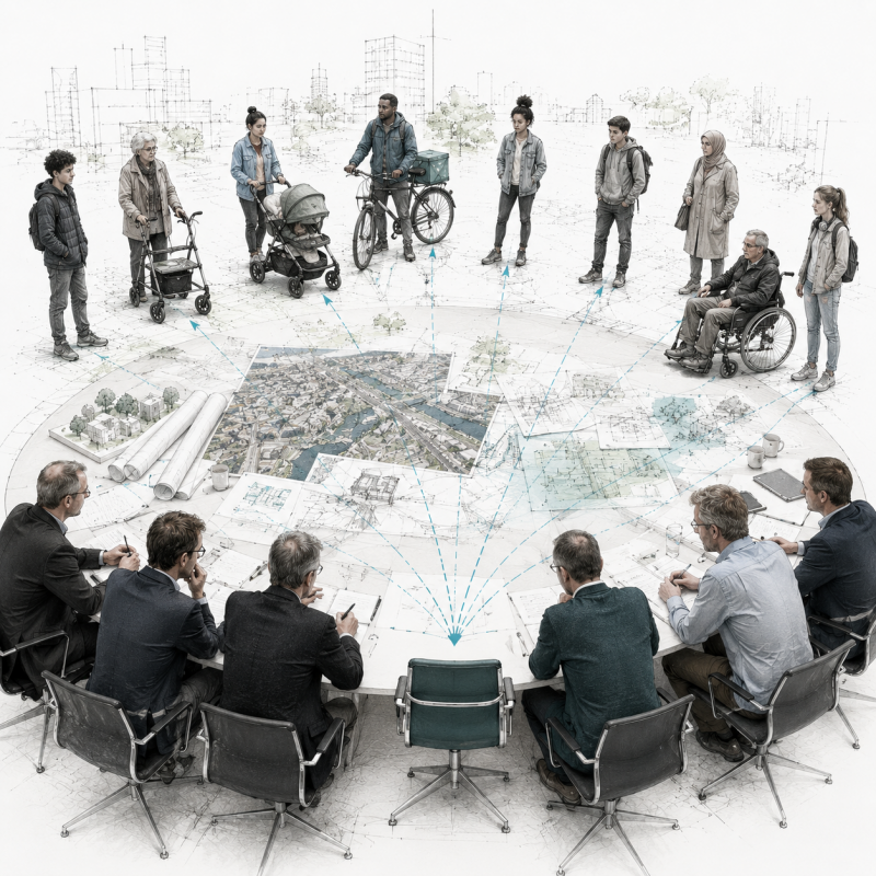 Wie zit aan de tekentafel? Een ruimtelijke ontwerpschets over representatie, perspectief en inclusieve stedenbouw.