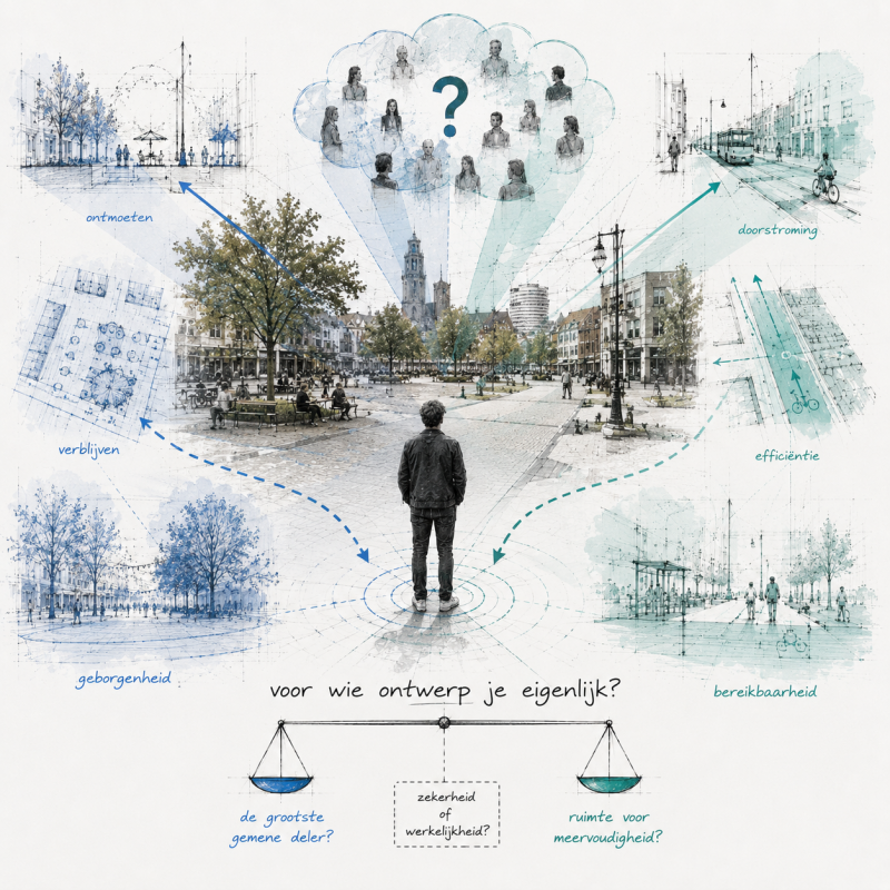 Illustratie van de ontwerpvraag hoe één openbare ruimte ruimte kan bieden aan verschillende manieren van beleven en gebruiken