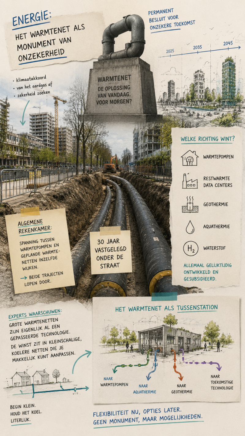 Warmtenet als ruimtelijk dilemma: investeren in vaste infrastructuur terwijl de toekomstige energietechnologie nog onzeker is.