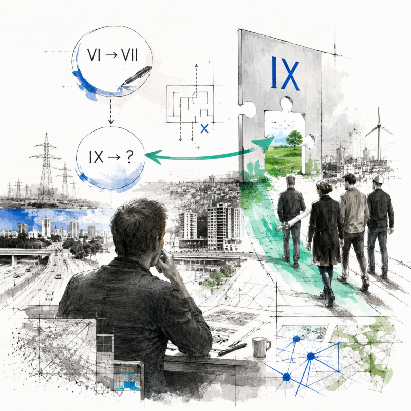 Conceptuele Stadsfilosofie-collage over het Einstellung-effect: hoe vertrouwde denkkaders in ruimtelijke ordening nieuwe oplossingen kunnen blokkeren en waarom perspectiefwisseling nodig is