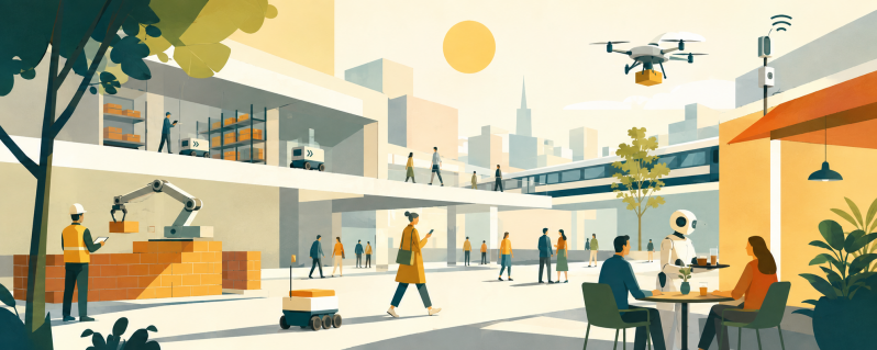 Stad van nu en nabije toekomst waarin mensen, robots, drones, sensoren en AI samen actief zijn in de openbare ruimte, bouw, logistiek en horeca