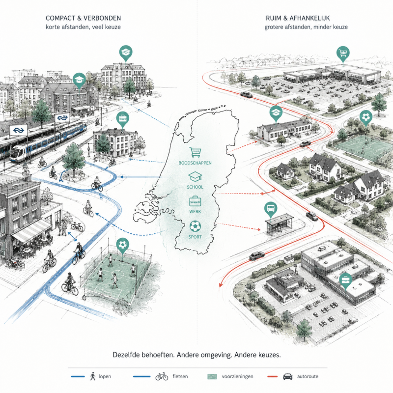Vergelijkende ontwerpschets van een compacte stedelijke omgeving en een ruimere regionale woonomgeving. Het beeld laat zien hoe dezelfde dagelijkse activiteiten leiden tot verschillende mobiliteitskeuzes door verschillen in ruimtelijke inrichting.