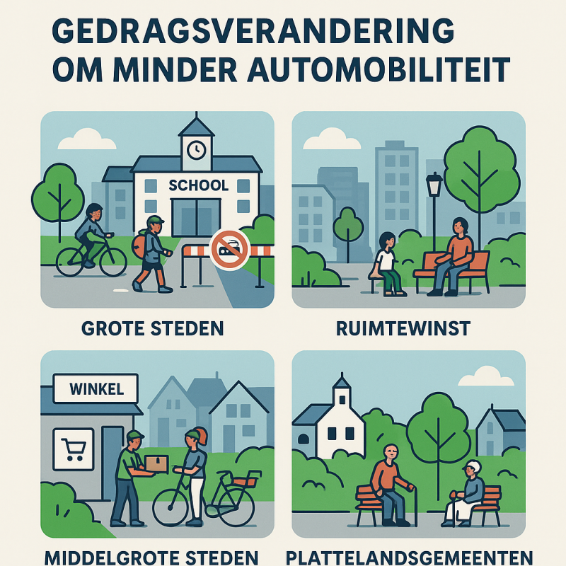 Vier scènes tonen gedragsverandering voor minder autogebruik in verschillende gebieden.