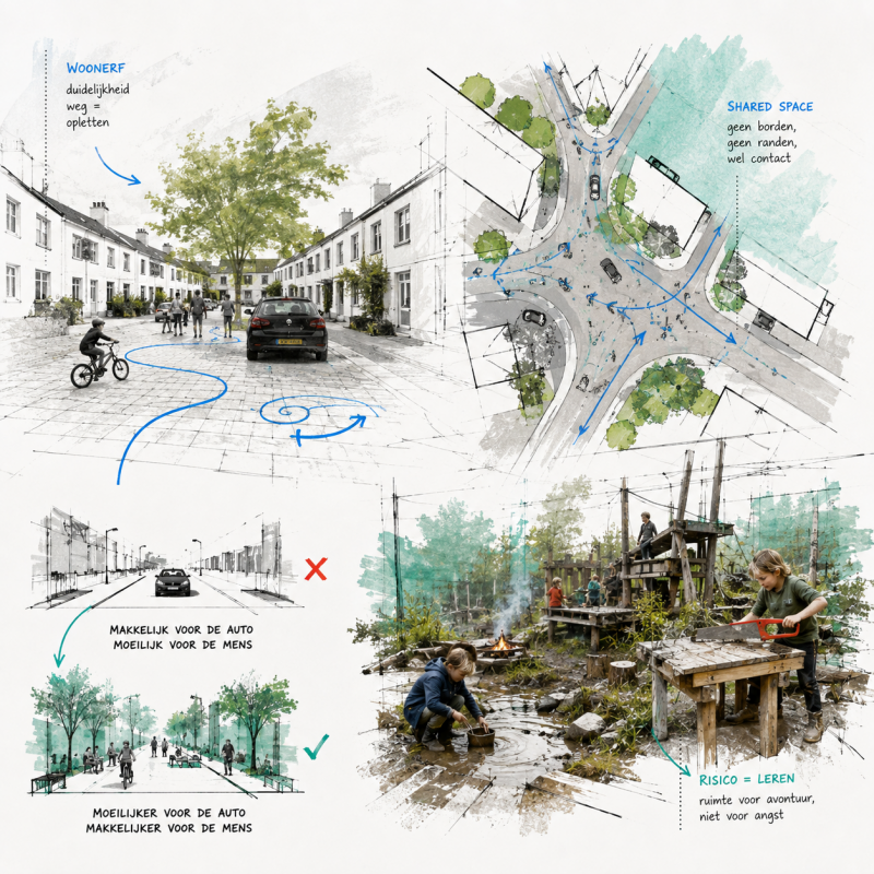 Ruimtelijke ontwerpschets van woonerf, shared space en avontuurlijk spelen. Het beeld onderzoekt hoe minder regels, meer onzekerheid en bewust vertragen kunnen leiden tot oplettendheid, ontmoeting en een stad waarin de mens weer centraal staat